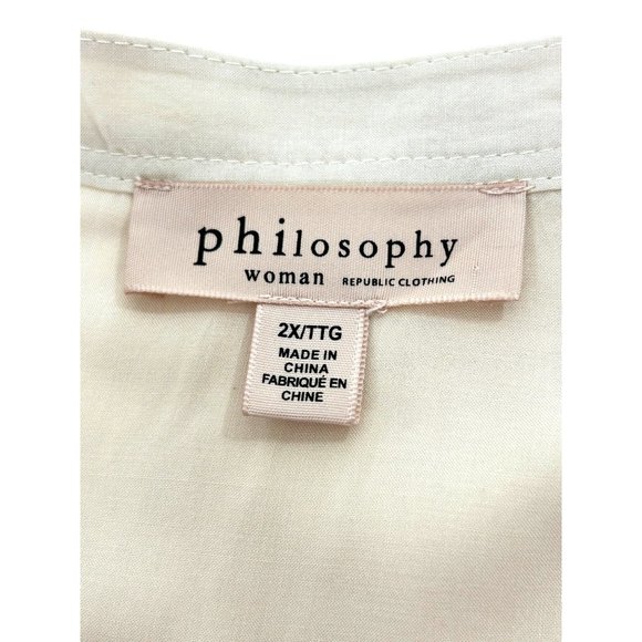 Philosophy Woman Tunic Top Beige 2X Roll Tab Long Sleeve Band Collar Pockets - Picture 5 of 10